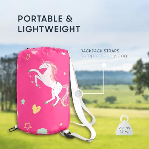 Wake In Cloud - Kids Sleeping Bag for Girls Toddlers, Camping in Warm Cold Weather, Backpacking Lightweight Compact Outdoor Liner for 3 Seasons, Unicorns Stars Hearts - color: Hot Pink