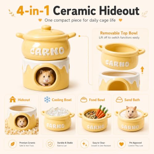 Meow&Woof Ceramic Hamster Hideout House & Bowl Set, 4-in-1 Natural Cooling Cave, Sand Bath, Food Bowl, Syrian Hamster, Dwarf Hamster, Gerbil, Small Animal, Food-Grade Safe, Easy Clean
