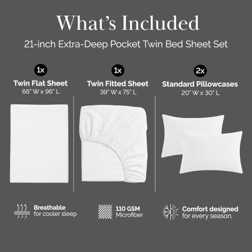 Southshore Fine Living, Inc. 4-Piece, 21-Inch Deep Pocket Twin Sheets Set with Fitted Sheet, Soft Microfiber, Oversized Flat Sheet, 2 Pillow Cases Standard Size, Hotel Collection Twin Bed White Sheets - color: 01 - White, size: Twin