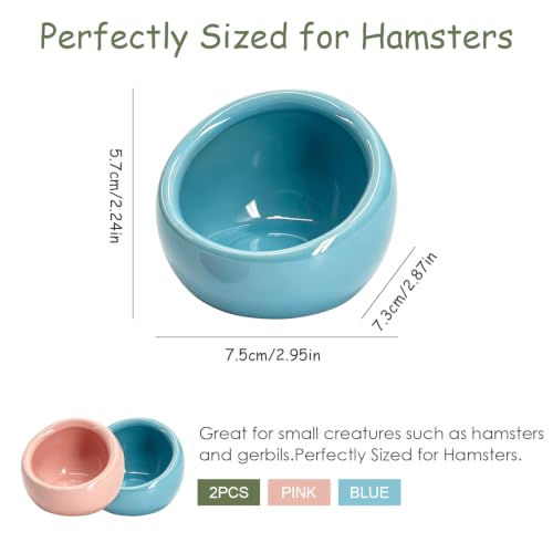 Hamster Food Bowl 2 Packs, Ceramic Slanted Bowl Food Dish Water Bowl for Dwarf Hamster Gerbil Mouse Rat Chinchilla Hedgehog Guinea Pig, Blue and Pink
