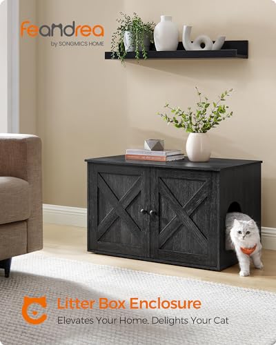 Feandrea Cat Litter Box Enclosure, Litter Box Furniture Hidden with Removable Divider, Indoor Cat House, End Table, 31.5 x 20.9 x 19.7 Inches, Ink Black UPCL002B01 - color: Ink Black, size: L (31.5"L x 20.9"W x 19.7"H)