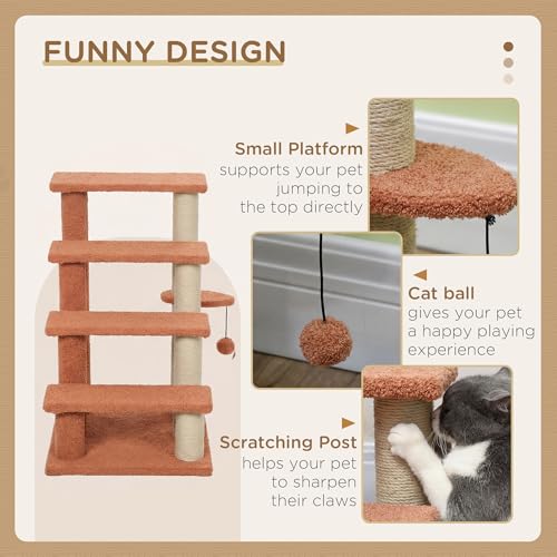 PawHut 4 Levels Cat Steps, Pet Stairs Carpeted Ladder, Kitten Tree Climber with Scratching Posts, Hanging Play Ball, Side Step, for High Bed, Sofa, Brown | Kitten Tree Climber, Scratching Posts, Hanging Play Ball, Side Step, for Sofa - color: Brown