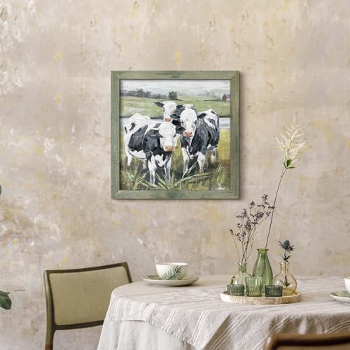 Rustic Farm Wall Art Framed: Abstract Animal Picture Country Wooden Texture Artwork Painting Cattle Cow Print Decor for Farmhouse Living Room Bedroom 24 x 24 Inches - color: Farm Cow, size: 24L" x 24W"