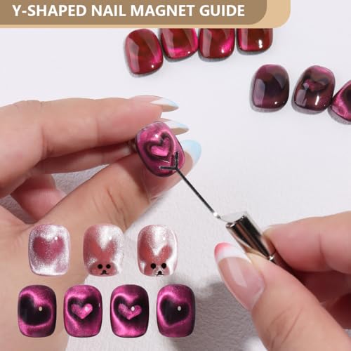 3 in 1 Cat Eye Nail Magnet Tool Set, Wooden Handle Cat Eye Gel Nail Polish Magnet Pen with 4 PCS Rabbit Shape Nails Magnetic 2 PCS Y Shape Clippers Heart Magnetic, Nails Art DIY Tool at Home - color: 7pcs