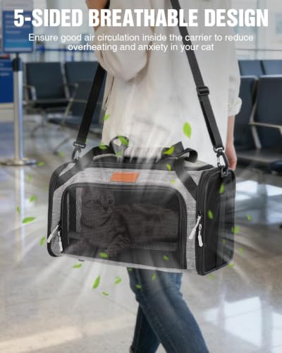 PETUX Expandable Airline-Approved Pet Carrier for Small Cats up to 10 lb | Top-Side Expandable, TSA‑Friendly, Underseat, Soft Travel Bag with Breathable Mesh and Safety Buckle, 17 x 11 x 9.5 in, Grey
