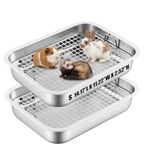 Maxcheck 2 Pcs Rabbit Litter Box, Stainless Steel Rabbit Litter Pan with 2 Grids, High Side Bunny Toilet Tray Potty Training Pan for Rats Ferret Bunny Guinea Pig(S 14.2''L x 11.2''W x 2.5''H) - size: S 14.2''L x 11.2''W x 2.5''H