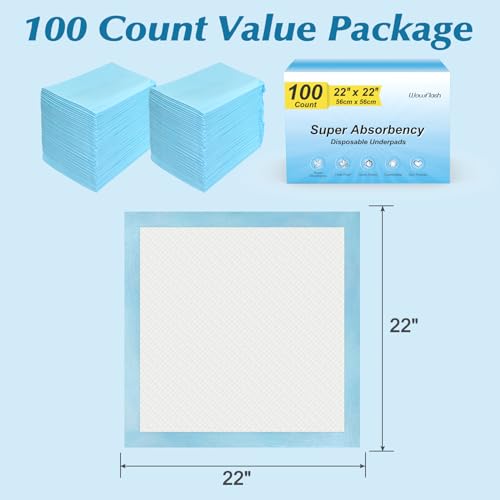 100 Count 22” x 22” Super Absorbency Disposable Underpads | Leakproof Quick Drying Disposable Pads for Baby, Puppy and Adults, Cat Pee Pads for Dogs, Potty Puppy Training Pads - size: 100 Count 22" x 22"