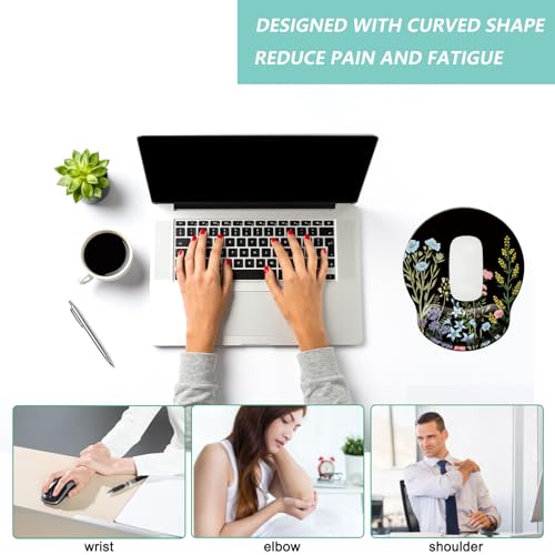 Mouse Pad with Wrist Support, Ergonomic Mouse Pad with Memory Foam Wrist Rest Cushion, Non-Slip Rubber Base Gaming Mice Pad for Home Office Computer Laptop, Flowers Black - color: M27-Flowers