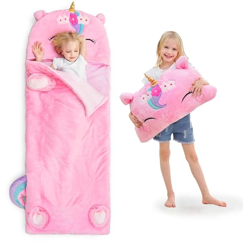 iPlay, iLearn Kids Unicorn Sleeping Bag, Toddler Girl Daycare Plush Nap Mat | 2 In 1 Animal Slumber Bag, Pink Pillow, Happy Travel Sleepover Preschool Birthday Gift for Age 3 4 5 6 7 8 10 12 Child Teens - style: Unicorn