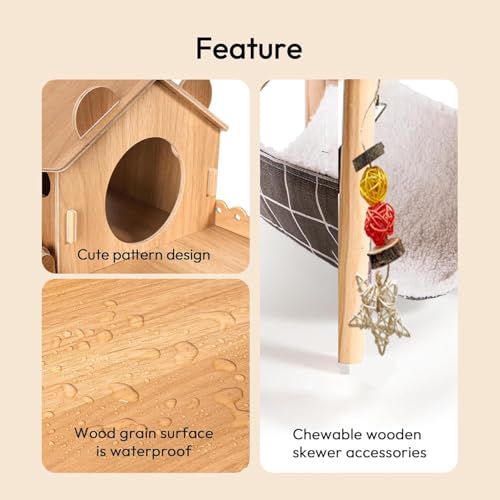 3-in-1 Guinea Pig Hideout, Large Wooden Guinea Pig House | with Stairs, Hammock, Mat, and Chew Toys, Suitable for Small Rabbits, Guinea Pigs, Hamsters, and Other Rodents