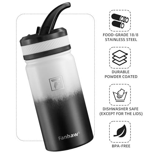Fanhaw 14 oz Kids Water Bottle for School, Insulated Water Bottle with Straw Lid, Stainless Steel Vacuum Insulated Bottle for Boys & Girls, Leak-Proof, BPA Free(White Black) - color: White Black