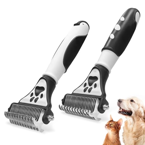 2-in-1 Fine&Wide Tooth Pet Dematting Comb for Dogs&Cats | Stainless Steel Blade,Penguin Handle,Deshedding Dog Brush,Undercoat Rake for Short&Long Haired Pet,Remove Loose Hair Tangles