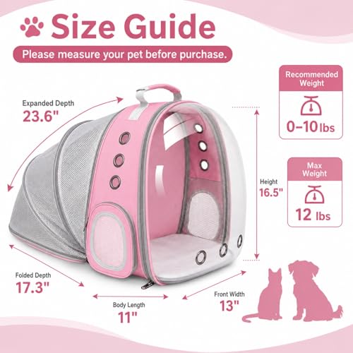 Expandable Cat Carrier Backpack with Bubble Window, Pink | Breathable mesh, anti-collapse frame, side door, safety leash and escape-resistant zippers for vet visits and outdoor travel. - color: Pink