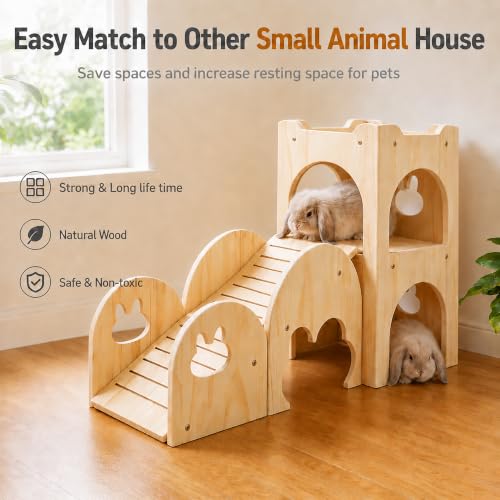 Large Bunny Hideout Wooden Bunny House with Ramp Rabbit Castle(Set of 2) | solid wood guinea pig hideout chinchilla house with detachable panels,rabbit hide with ramp hideaways and climbing areas - style: Set of 2