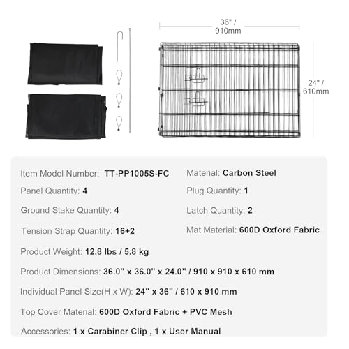VEVOR Dog Playpen, 4 Pcs 24 x 36 in Panels Foldable Metal Pet Exercise Pen, Dog Fence Indoor and Outdoor Pen with Door, Top Cover, and Bottom Pad, Pet Playpen for Dogs, Cats and Other Small Animals - size: 4 panels 24*36in, style: Playpen + Top Cover & Bo