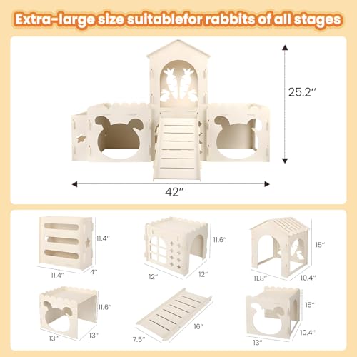 5 in 1 Extra Large Bunny House，Rabbit Hideout and Wooden Castle Hutch Cage | Detachable With Ramp 4 Houses and a Hay Feeder，Sturdy Guinea Pig and Chinchilla Cages,Small Animal Pet Tunnel Habitat