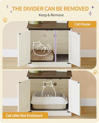 Hzuaneri Cat Litter Box Enclosure, Hidden Litter Box Furniture with Divider | Wooden Cat Cabinet with Removable Dividers, Reversible Entrance Left or Right Side, Cat Washroom, Rustic White Brown CB84514X - color: Rustic White and Brown, size: 23.6"L x 19.