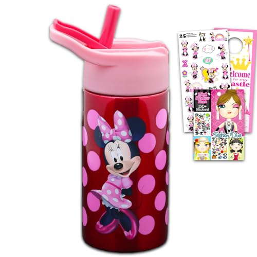 Minnie Mouse Stainless Steel Water 14 Oz Bottle for Kids Adults Bundle | 6" Durable Metal Tumbler Spill-Proof Cup with Straw for School Create a Face, Stickers, More | Minnie Mouse Water Bottle