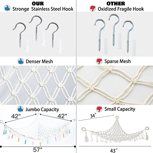 Stuffed Animal Net or Hammock with Light,Yewiwin Macrame Hanging Net Hammock for Stuffed Animal Toy Storage Organizer Boho Decor Room Holder for Nursery Play Room Bedroom (Beige) - color: Beige(42"*42"*57")