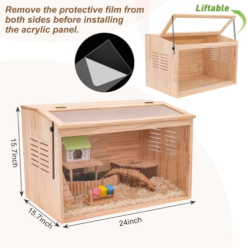 Wooden Hamster Cage,24" Lx16 Wx16 H,Animal Cabinet for Dwarf Syrian Hamsters Degus, Hamster Habitat with Openable Top and Large Acrylic Sheets. - size: 24.0"L x 16.0"W x 16.0"H
