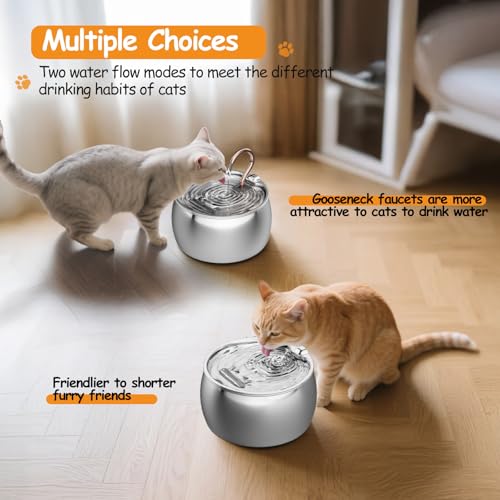 2.5L/84oz Gooseneck Kitty Spout Cat Water Fountain Stainless Steel | Quiet Cat Fountain for Drinking, Pet Water Fountain for Cats Inside, Automatic Cats Water Dispenser, for Pets