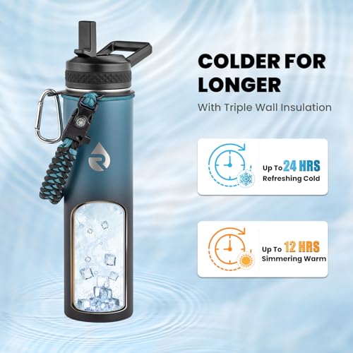 RAYMYLO Insulated Water Bottle 24 oz, Triple Wall Vacuum Stainless Steel | (Cold for 24Hrs, Hot for 12Hrs), Leak Proof & Non-BPA, Modern Water Flask Jug with Paracord Handle & Straw Spout Lids
