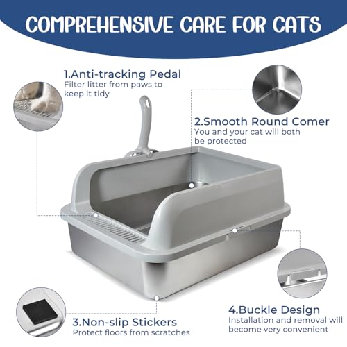 2 Pack Stainless Steel Cat Litter Box with Lid, High Wall Kitty Litter Box for Small Cats, Metal Kitty Litter Box, Non-Sticky, Anti-Leakage, Easy Cleaning, Include Cat Mat and Scoop, 17.2"x13.2"x7.7" - color: 2 Pack Grey