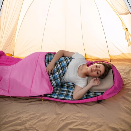 Cotton Flannel Lined Sleeping Bag for Adults Teens Kids, Cold Weather & Warm, 3 Seasons, Lightweight Compact Camping Essentials Equipment, Hiking, Outdoor, Travel - color: Deep Pink & Light Pink