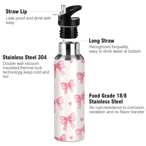 Pink Bows Red Water Bottle Kids Stainless Steel Water Bottle with Straw Lid | Leak Proof Boys Girls Insulated Tumbler Cup for School 20 oz - color: Multi20
