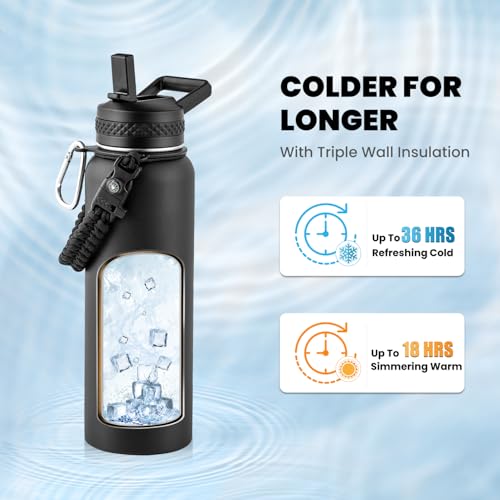 RAYMYLO Insulated Water Bottle 40 oz, Triple Wall Vacuum Stainless Steel | (Cold for 36Hrs, Hot for 18Hrs), Leak Proof & Non-BPA, Modern Water Flask Jug with Paracord Handle & Straw Spout Lids - color: Magic Black, size: 40 Ounces