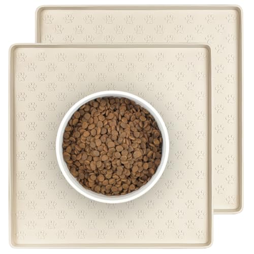 2 Pack Pet Placemat for Dog and Cat, Waterproof Non-Slip Silicone Feeding Bowl Mat Prevent Food and Water Overflow, Puppy Dish Feeder Fountain Trays Suitable for Medium and Small Pets, Beige - color: Beige, size: 11.8"L x 11.8"W - 2 Pack