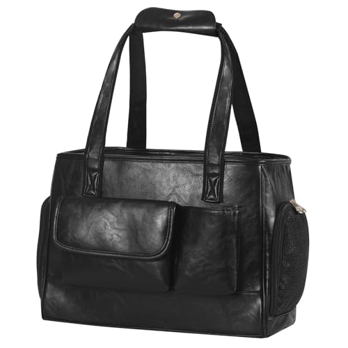 Dog Carrier Purse, Fashion Leather Pet Carrier Bag, Airline Approved Soft Sided Cat Travel Tote Bag with Pockets Black - color: Black