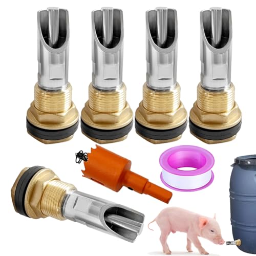 Joywayus 5PCS 1/2 Stainless Steel Automatic Pig Nipple Water Drinker Feeder Waterer + 5PCS 1/2 Female to 3/4 Male Brass Water Tank Connector Bulkhead Fitting Kit for Sows Piglets Drinking - color: silvery + brass -5pcs