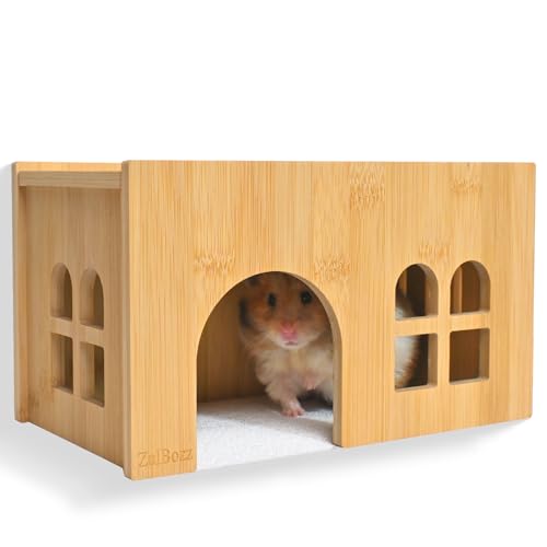 0.3" Thick Bamboo Hamster Hideout House, Pre-Assembled Flat Top Wooden Hideaway, Extra Large Hamster Nest for Adult Syrian Hamster, Gerbil, 9 x 5.2 x 5.2 in, Large