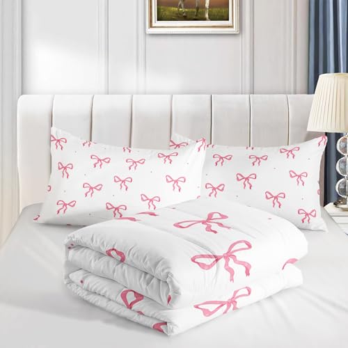 QOOMO Pink Bow Comforter Set Twin,Bowknot Bedding Set for Kids | 3Pcs Bedding Set Printed Comforter with 2 Pillowcases,Soft Microfiber,Lightweight and Comfortable,for All seasons - color: Bow 3, size: Twin