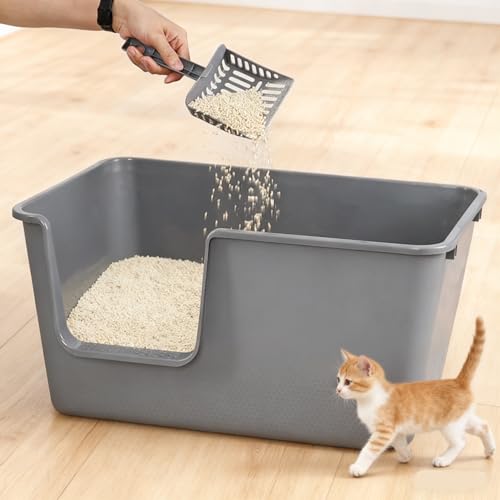 Set of 4 Open Top High Sided Cat Litter Pan, Large Cat Litter Box | Easy Entry, Tall Walls Help Reduce Scatter, Durable Plastic, Ideal for Big Cats and Multi-Cat Homes, with Scoops, Grey