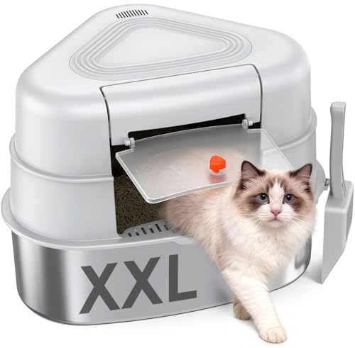 Chumajor XXL Stainless Steel Corner Cat Litter Box with Lid,Grey | Sturdy, No Odor & Space-Saving Hidden Design for Large Cats,Grey