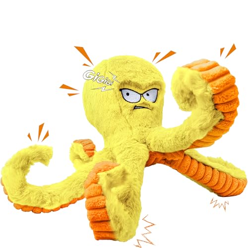 LEGEND SANDY Tough Dog Toys, Squeaky Large Dog Toy, Stuffed Puppy Chew Toys | Soft Fabric, Interactive Daily Companionship, Tug of War Doggie Toy, Training Reward, Crinkle Yellow Octopus - color: Yellow Octopus
