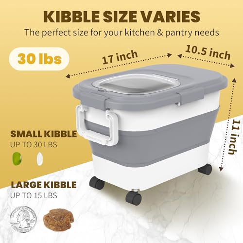 HOYTAMDA 20-30Lbs Collapsible Rice Container,Food Storage Containers Wheels | Rice Storage Container with Airtight Clear Lid,Handle,Small Bin &Scoop,Rice Dispenser for Flour Sugar Cereal Dog Cat Food - color: Grey-20/30lbs