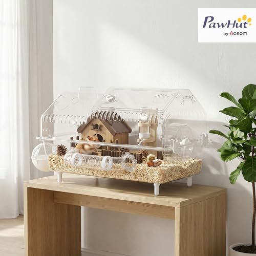 PawHut 8 in 1 PET Hamster Cage 21.5 x 11.8 x 12.6 Inches | Dwarf Hamster Cage, Large Wheel and Hideout, Small Animal Habitat, Accessories, Clear Pet House
