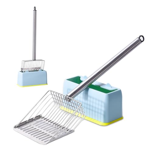 Metal Cat Litter Scoop with Holder Stainless Steel Kitten Poop Scooper, 17.5" Heavy Duty Pet Poop Sifter for Cat Box, Long Handle Large Waste Shovel, Fast Sifting Big Clumps, Solid & Durable - size: stainless steel