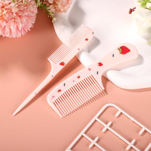 2pcs Baby Hair Comb Set, Pink Strawberry Mini Fine Tooth & Rat Tail Comb | Cute, Tiny, Small, Plastic, Parting Combs for Toddler Women Girls Kids All Hair Types, Hairbrush Tools Accessories - style: Strawberry