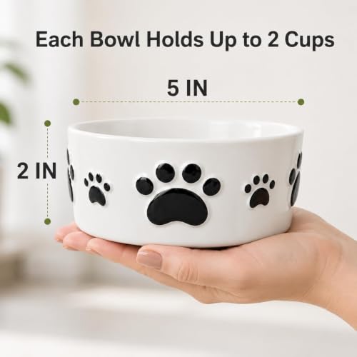 Ceramic Dog Bowls Set, 5''×2'', with Anti-Slip Rings, 2 Cups Capacity - size: 5 in