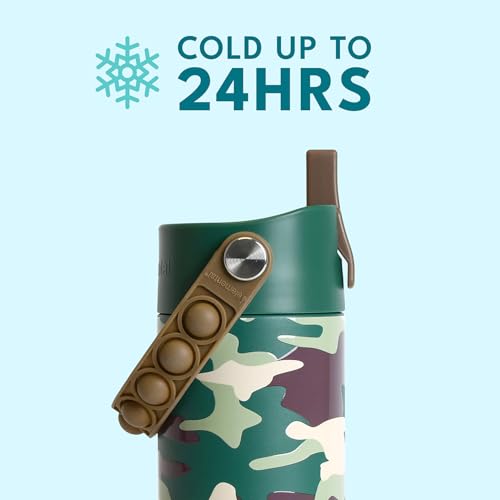 Elemental Insulated Kids Water Bottle, Stainless Steel Water Bottle with Straw Lid & Pop-It Handle, Leak-Proof Water Bottles for School, Boys or Girls, Travelling and Sports, 18oz - Green Camo - color: Green Camo