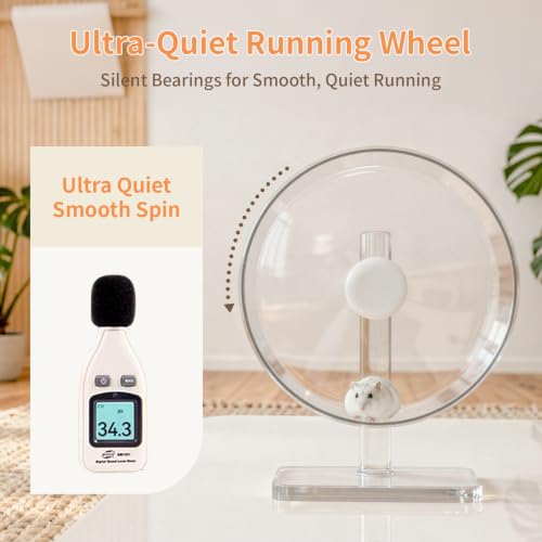 9.5" Silent Hamster Wheel - Clear Running Wheel | 9.5" compact size, easy-clean flat runway, quiet dual bearings, heavy-duty stable base, adjustable stand - size: 9.5"L x 5.0"W x 13.0"H