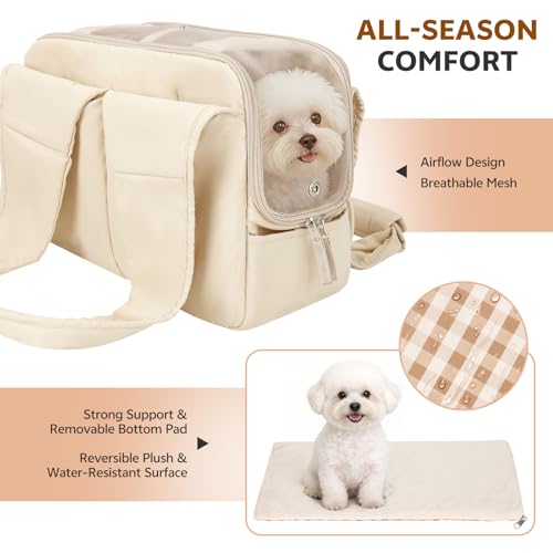 Dog Purse Carrier for Small Dogs and Cats, Soft-Sided Pet Tote Bag with 6 Large Pockets, Collapsible Travel Puppy Carrier, Fits Pets up to 13 lbs (Beige, 15.7" L x 8" W x 11.8" H) - color: Beige, size: 15.7"L x 8.0"W x 11.8"H