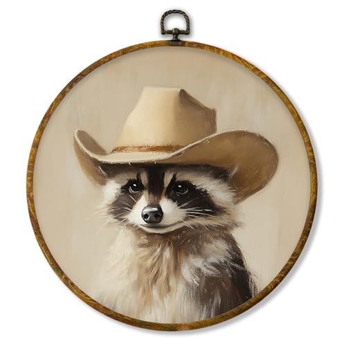 shiviody Vintage Cowboy Canvas Wall Art Decor, Retro Western Raccoon Wall Decor, Funny Animal Cowboy Hat Round Hanging Frame Prints Decorations for Bedroom Bathroom Boys Room 10"x10" - color: Animals-7