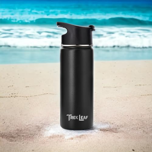 Travel Water Bottle with 3 Lids (Spout, Straw, Flip) Leak Proof, Quality, Vacuum Insulated, Stainless Steel (Black, 18 oz) - color: Black, size: 18 Ounces