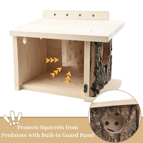 Squirrel Nesting Box with Predator Guard, Easy Assembly Squirrel Houses | for Outside Nesting, Wooden Nesting Box for Squirrels, Chipmunk, Bird and Small Animals
