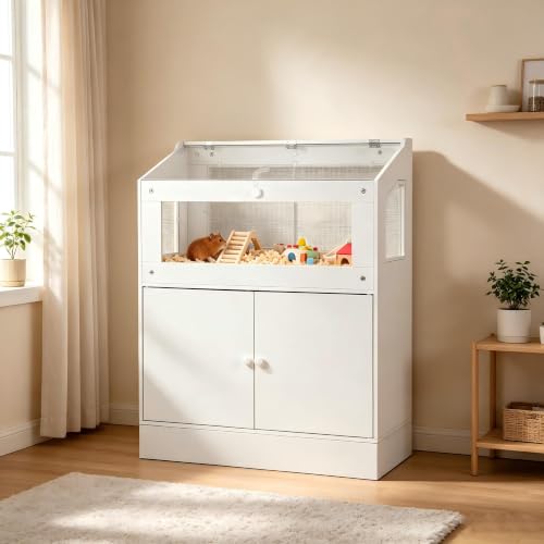 Garvee Hamster Cage with Storage Cabinet, Small Animal Cages with Visual and Ventilated Acrylic Panels,for Hamster, Rabbit, Hedgehog, Easy to Clean